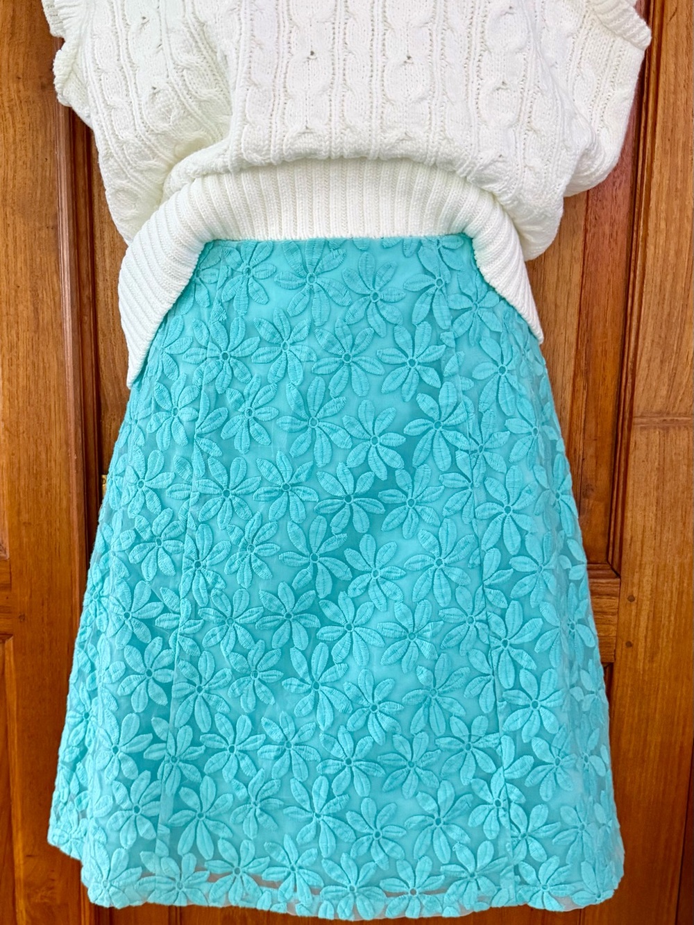 New York & Company Turquoise Aqua Blue Floral Lace embroidered A-Line Skirt